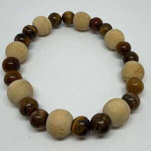 Tiger’s Eye & Carved Wood Stretch Bracelet Boho Meditation
